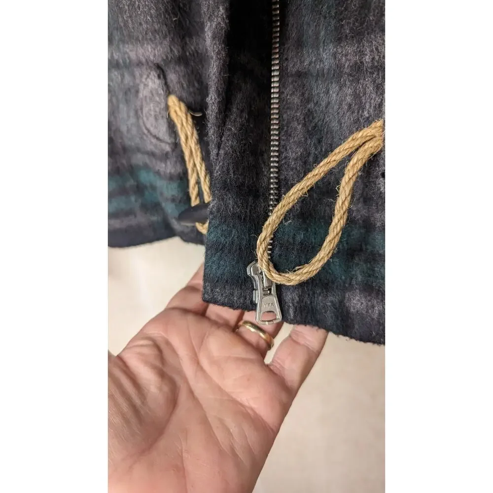 Hinge Wool Blend hooded jacket black green Tartan Plaid xsmall - Picture 12 of 13